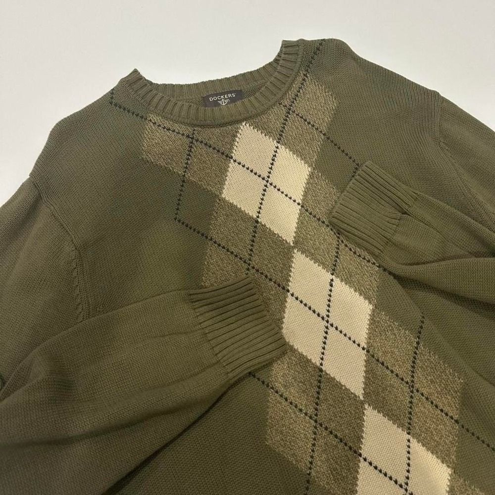 DOCKERS Knit Crewneck 100% cotton olive green beige sweater men's X-Large - Picture 2 of 4